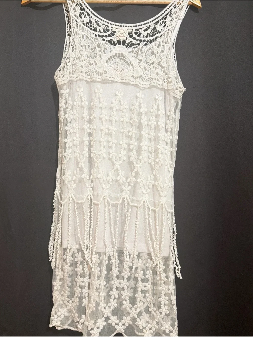 Vintage Sundance White Crochet Lace Fringe tunic top with adjustable tank SzM